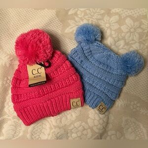 C.C Kids Pink and Blue Pom Pom Beanie Set